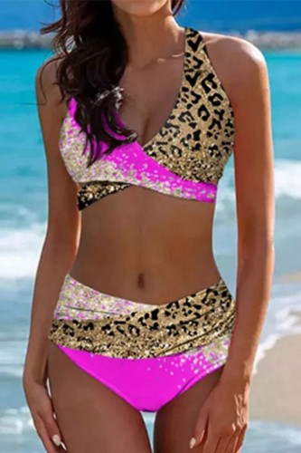 Rose Red Sexy Print Bandage Patchwork Swimwears (With Paddings)