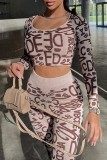 Coffee Casual Letter Basic U Neck Long Sleeve Two Pieces
