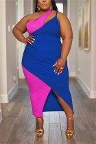 Blue Sexy Solid Patchwork Slit Contrast One Shoulder Sleeveless Dress Plus Size