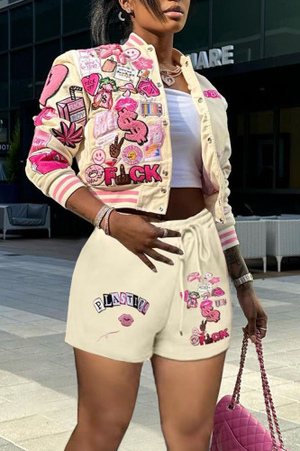 Cream White Casual Print Patchwork Buckle Long Sleeve Two Pieces