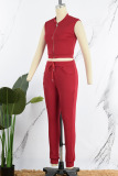 Red Casual Solid Patchwork Zipper Sleeveless Two Pieces