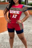 Black Casual Letter Print Leopard Patchwork O Neck Short Sleeve Two Pieces
