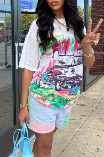 White Casual Street Print Patchwork O Neck Short Sleeve Two Pieces