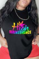 Black Street Vintage Print Patchwork Letter O Neck T-Shirts
