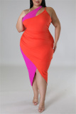 Tangerine Red Sexy Solid Patchwork Slit Contrast One Shoulder Sleeveless Dress Plus Size