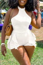 White Sexy Solid Flounce Halter Skinny Jumpsuits
