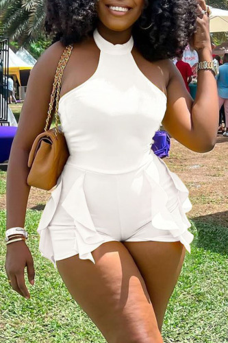 White Sexy Solid Flounce Halter Skinny Rompers