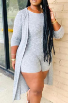 Grey Casual Solid Patchwork O Neck Plus Size Two Pieces
