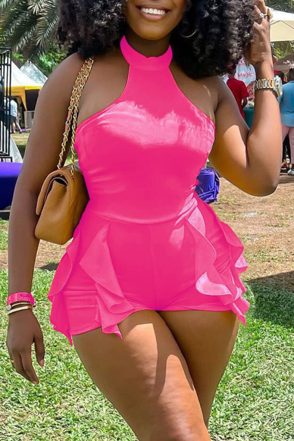 Pink Sexy Solid Flounce Halter Skinny Rompers