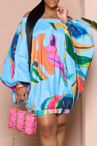Sky Blue Casual Print Patchwork Off the Shoulder Straight Dresses