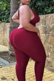 Burgundy Sexy Casual Solid Backless V Neck Plus Size Jumpsuits