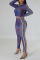 Blue Casual Print Patchwork Zipper Collar Long Sleeve Two Pieces