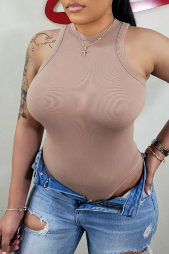 Apricot Casual Solid Patchwork O Neck Skinny Bodysuits
