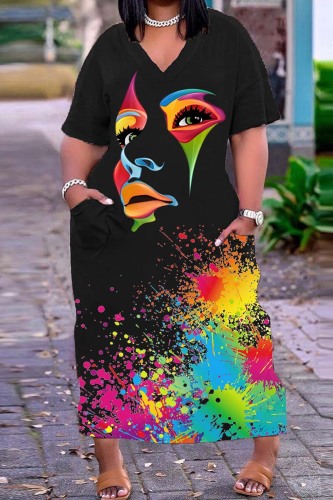 Black Casual Print Basic V Neck Short Sleeve Dress Dresses