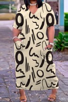 Apricot Casual Print Basic V Neck Short Sleeve Dress Dresses