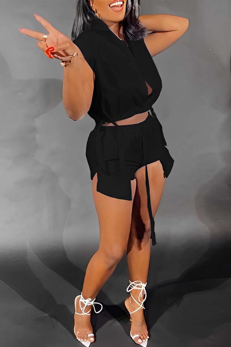 Casual Daily Solid Color Buckle Ruched V Neck Sleeveless Two Pieces