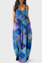 Blue Sexy Casual Print Backless Spaghetti Strap Long Dress Dresses