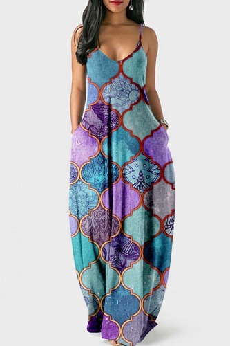 Purple Sexy Casual Print Backless Spaghetti Strap Long Dress Dresses