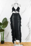 Black Sexy Solid Tassel Hollowed Out Patchwork Halter Sleeveless Two Pieces