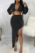 Black Sexy Solid Patchwork Asymmetrical V Neck Long Sleeve Two Pieces