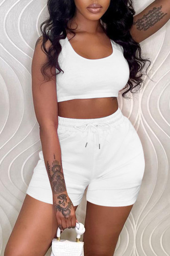White Sportswear Solid Patchwork U Neck Sleeveless Two Pieces