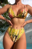Green Yellow Sexy Print Bandage Patchwork 3 Piece Sets
