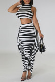 Black Casual Striped Print Patchwork Flounce O Neck Sleeveless Two Pieces