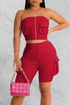 Red Street Patchwork Pocket Zipper Strapless Sleeveless Two Pieces