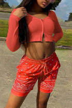 Tangerine Red Casual Sportswear Print Patchwork Zipper Collar Long Sleeve Two Pieces