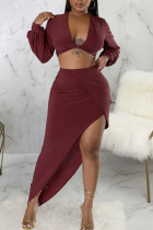 Burgundy Sexy Solid Patchwork Asymmetrical V Neck Long Sleeve Two Pieces