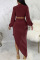 Burgundy Sexy Solid Patchwork Asymmetrical V Neck Long Sleeve Two Pieces