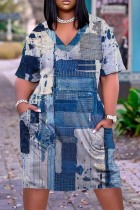 Blue Gray Casual Print Patchwork Pocket V Neck Short Sleeve Dress