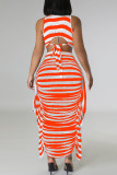 Tangerine Red Casual Striped Print Patchwork Flounce O Neck Sleeveless Two Pieces