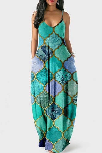 Green Sexy Casual Print Backless Spaghetti Strap Long Dress Dresses