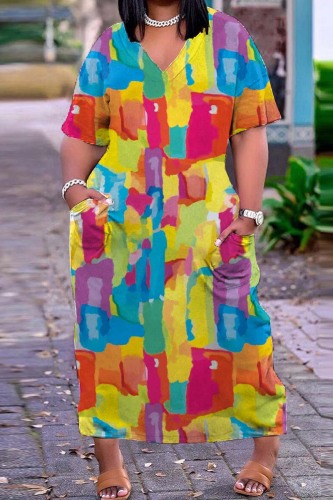 Yellow Casual Print Basic V Neck Short Sleeve Dress Dresses