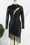Black Sexy Solid Tassel Hollowed Out Sequins Patchwork Asymmetrical Evening Dress Dresses
