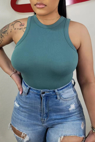 Green Casual Solid Patchwork O Neck Skinny Bodysuits