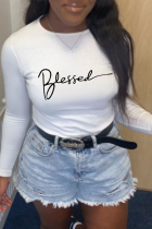 White Street Print Patchwork Letter O Neck Tops