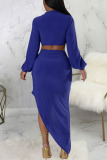 Blue Sexy Solid Patchwork Asymmetrical V Neck Long Sleeve Two Pieces