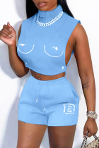 Sky Blue Casual Print Patchwork Turtleneck Sleeveless Two Pieces