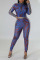 Blue Casual Print Patchwork Zipper Collar Long Sleeve Two Pieces