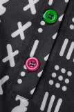 Black Casual Print Patchwork Buttons O Neck Straight Dresses