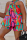 Rose Red Green Casual Daily Mixed Printing Color Block Hollowed Out Printing Contrast Halter Sleeveless Two Pieces
