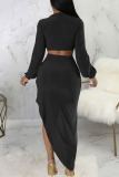 Black Sexy Solid Patchwork Asymmetrical V Neck Long Sleeve Two Pieces