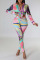 Multicolor Casual Print Bandage Patchwork Buckle Turndown Collar Long Sleeve Two Pieces