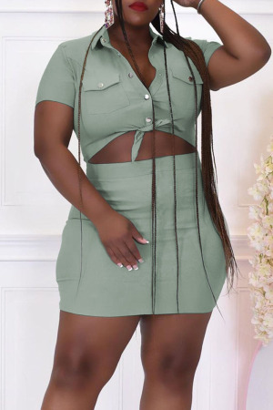 Light Green Casual Solid Patchwork Buckle Turndown Collar Plus Size Two Pieces