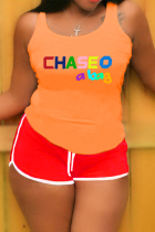 Orange Red Casual Print Patchwork Letter O Neck Plus Size Two Pieces