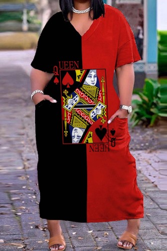 Black Red Casual Print Basic V Neck Short Sleeve Dress Dresses
