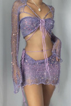Purple Sexy Solid Bandage Sequins Patchwork See-through Asymmetrical Collar Long Sleeve Three Pieces
