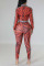 Brick Red Casual Print Patchwork Zipper Collar Long Sleeve Two Pieces